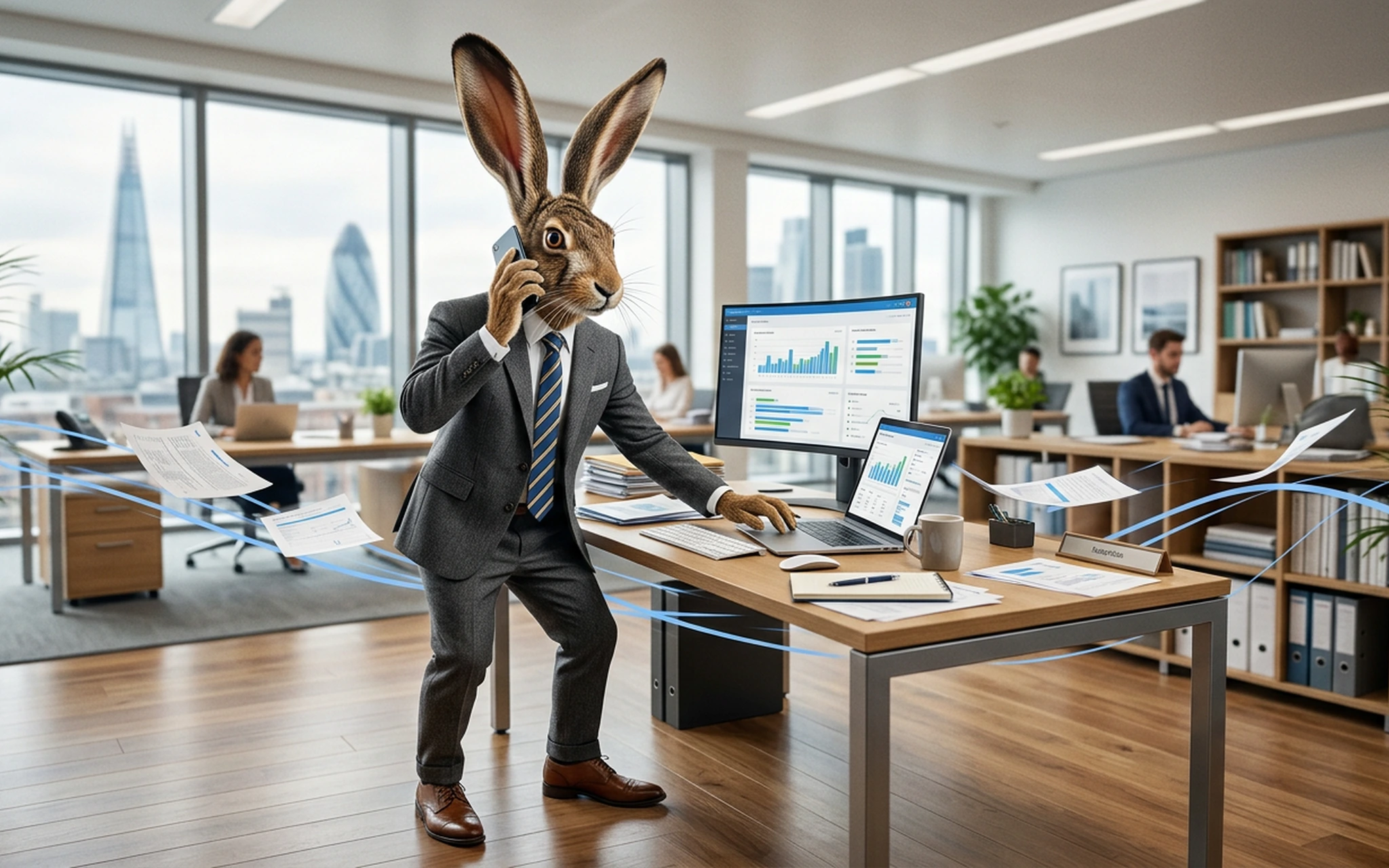 Harry rushing through office tasks