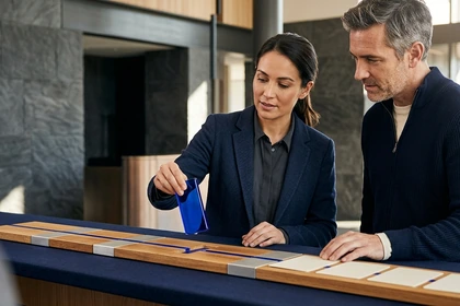 Operations and finance colleagues completing a controlled workflow handoff with visible exception review