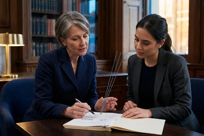 Senior professional and colleague completing human quality review before client delivery