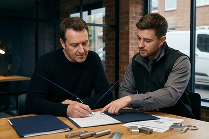 Trade business owner and technician reviewing a draft quotation before human approval