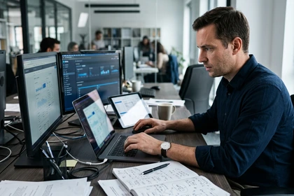 Office worker managing disconnected AI tools and manual handoffs