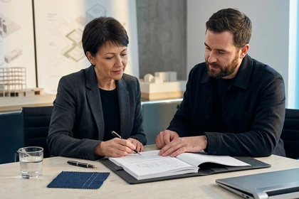Business owner and delivery lead reviewing scope and pricing before proposal approval