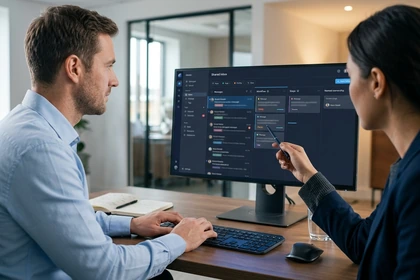 Colleagues assigning priority and ownership in a shared business inbox
