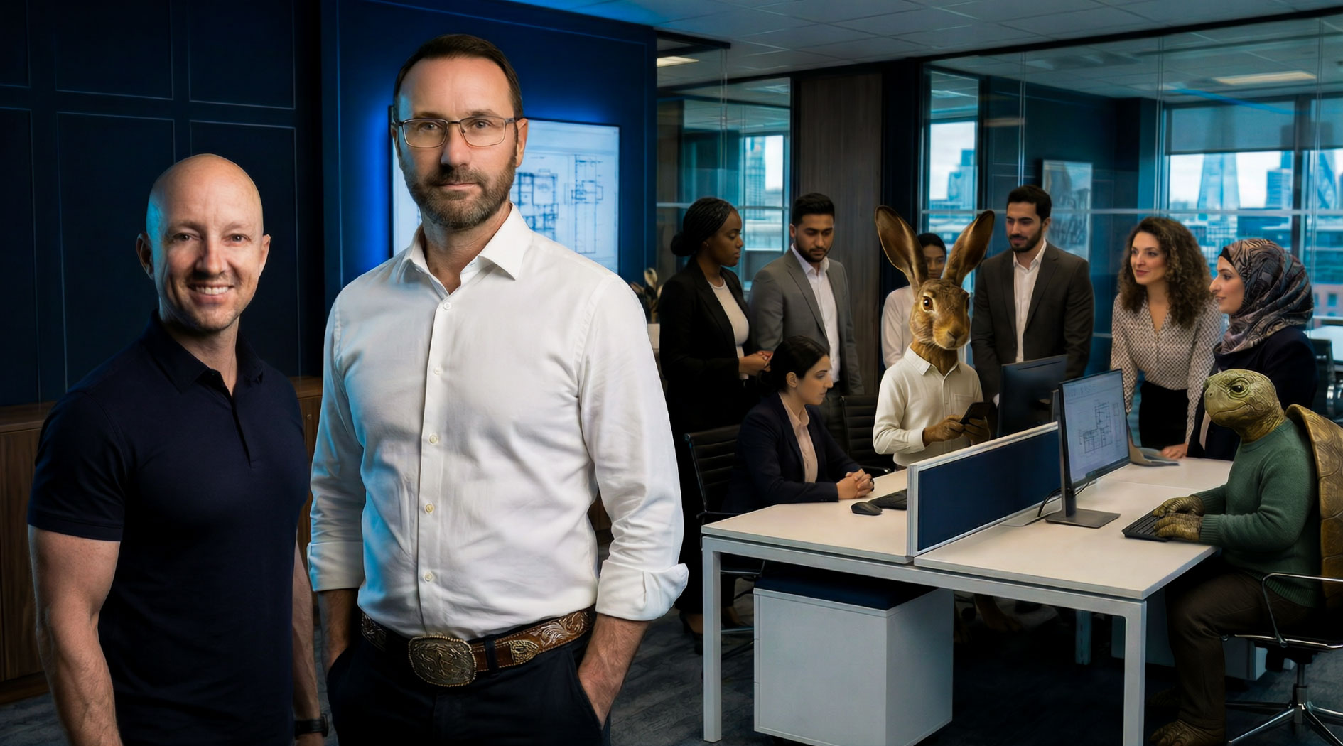 Dan Clarke and Spencer Hudson with Ostina’s illustrated AI team